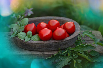 Red round tomatoes that have a thin tip. Pepper shaped tomatoes in a wooden bowl