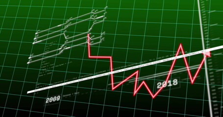 Moving red zigzag line across digital green grid dashboard, with white trend line, schematic nodes