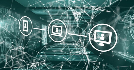 Linking smartphone laptop and desktop monitor icons over server racks with holographic nodes, lines