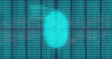 Displaying neon turquoise fingerprint graphic on security interface, with numerical data columns