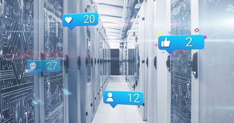 Displaying central data center corridor showcasing server racks and floating social media icons