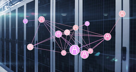 Spanning holographic network of user icons and lines across server room, with server rack cabinets