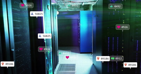 Glowing blue server cabinet illuminating data center corridor, with social media overlay icons