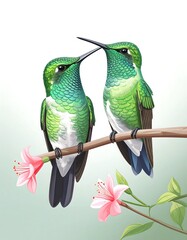 Two hummingbirds on a branch with flowers