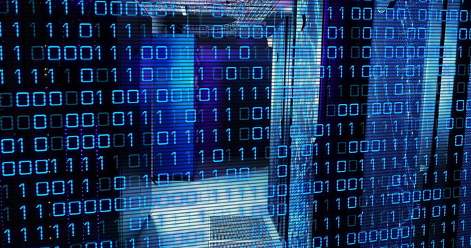 Streaming binary overlay in data center server racks with network switches, cable trays and vents