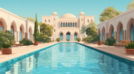 Stunning architectural beauty of a serene courtyard with a reflecting pool at dawn in a tranquil setting