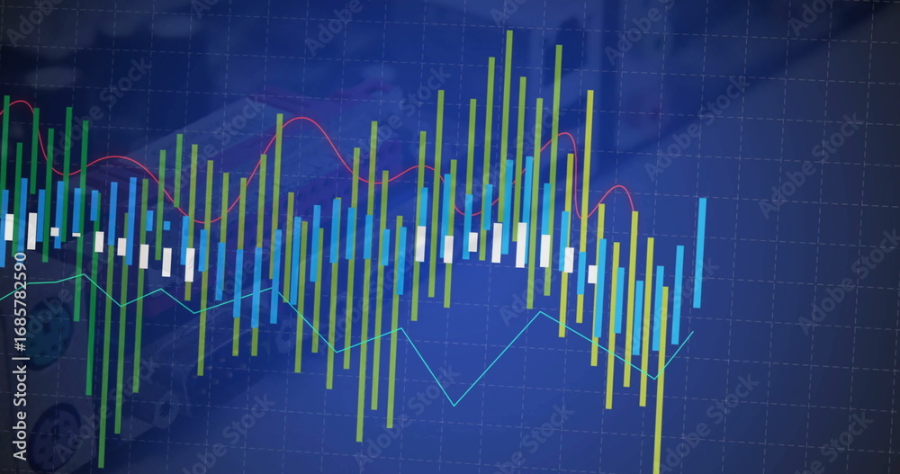 Wall mural displaying bar chart with overlaying line graph on gridded dashboard, with engine background