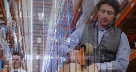 Packaging associate wearing quilted vest sealing box in warehouse aisle, with tape dispenser