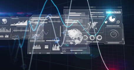 Showing digital dashboard panels displaying charts in control center, with 3D globe and waveform