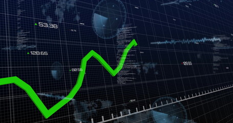 Displaying green line chart trending upward on financial dashboard with numeric and code overlays