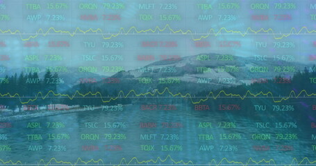 Reflecting snow-dusted peak on calm lake, with financial tickers and yellow line graphs
