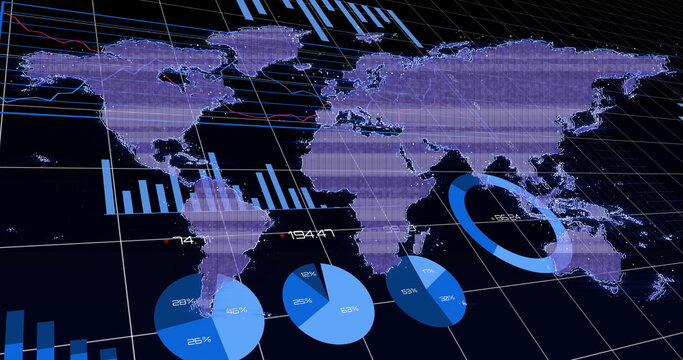 Naklejki Displaying digital world map on dark grid plane, with bars, pie and donut charts, numeric labels