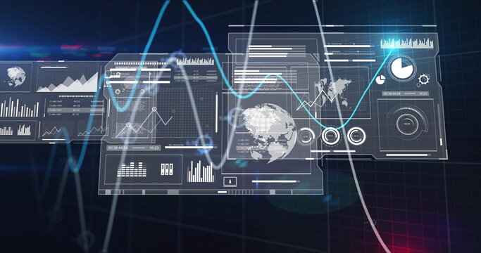 Showing digital dashboard panels displaying charts in control center, with 3D globe and waveform
