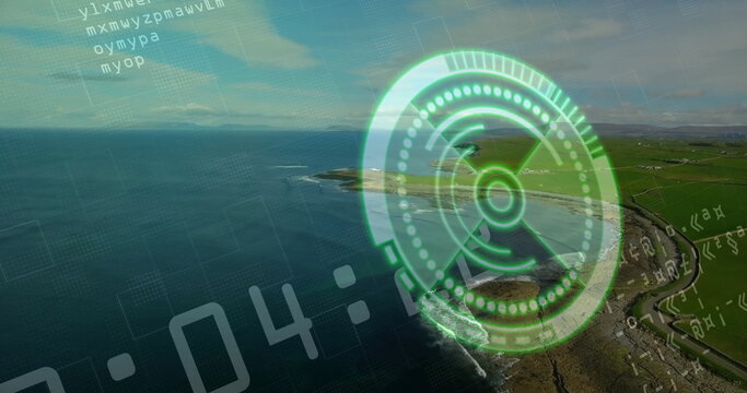 Displaying HUD hovering over coastal headland, with green reticle and code lines, copy space