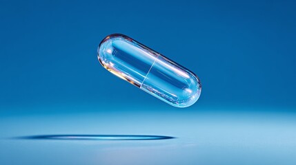 Clear Capsule: A transparent medical capsule floats against a blue backdrop, casting a soft shadow. Health, wellness, and pharmaceutical concepts visualized.