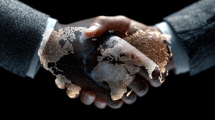 Hands join together in a symbolic handshake representing global partnership and cooperation over a digital world map