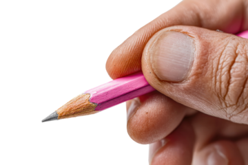 Close-up of a hand holding a pink pencil.  The pencil tip is sharpened and angled towards the viewer.  The hand's skin shows texture and creases