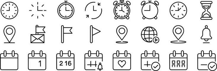 Clock icons, calendar icons, schedule planning, time management, alarm reminder, date organization, location pin, productivity tools, office planning