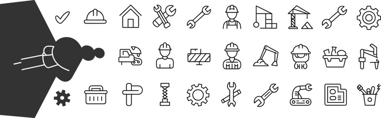 Construction and engineering icon set, building tools symbols, worker helmet graphics, repair equipment signs, architecture design elements, project safety machinery illustration