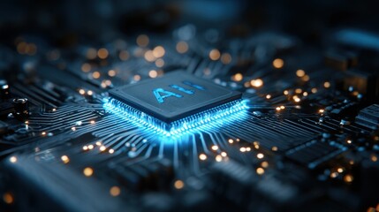 Advancements in artificial intelligence technology displayed through a close-up of a microchip illuminated at night