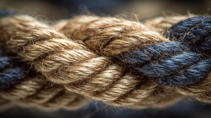Close-up view of a textured rope with natural and dark fibers intertwined in a sturdy pattern
