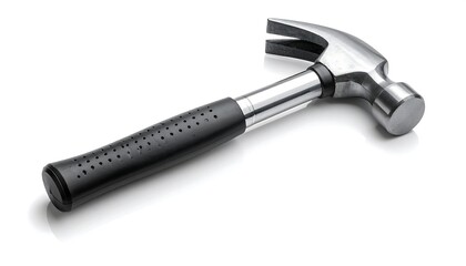 Close-up of a shiny metal claw hammer on a white surface with shadow