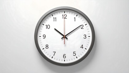 A simple round wall-mounted timepiece with dark gray rim, black numbers, black and red hands