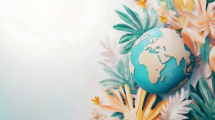 Easter egg decorated as planet earth surrounded by colorful spring flowers