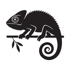 Obraz premium Black chameleon perched on branch with leaves reptile