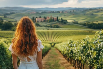 Woman exploring the beautiful vineyards of Tuscany, tasting local wines and enjoying the countryside