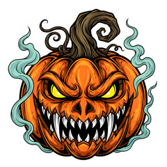 Scary Halloween Jack-o'-Lantern with Glowing Eyes, Fangs, and Smoke