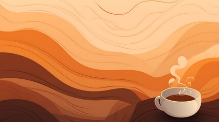Warm abstract illustration featuring a steaming coffee cup against a flowing wave pattern in brown tones 