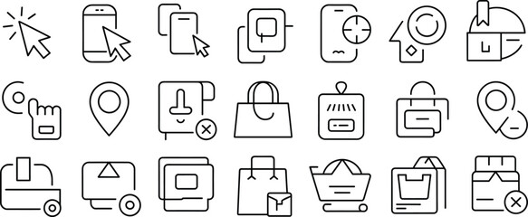 E-commerce icons, shopping outline, online store vector, delivery box, payment symbol, cart, bag, package, location pin, editable stroke, retail design