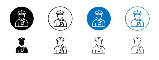 Policeman icons set in black and blue colors on white background
