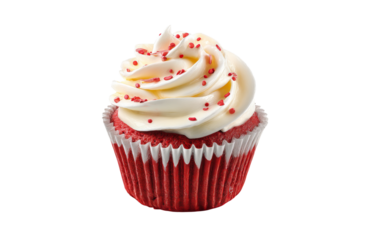 a photorealistic image of an elegant red velvet cupcake, adorned with creamy white frosting and delicate red sprinkles, isolated on a transparent background in PNG format.