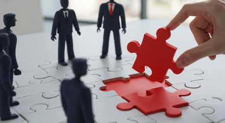 Teamwork makes the dream work placing final puzzle piece for business success