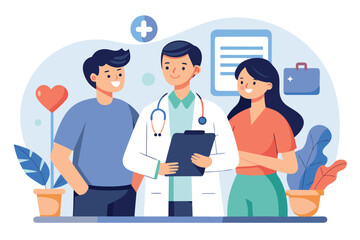 Healthcare professional engages with patients in a modern clinic setting during daylight hours