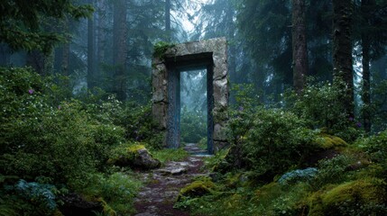 a stone doorway in a forest with moss