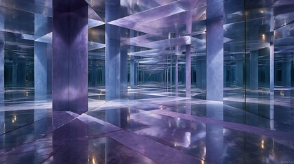 Endless hallway of mirrors and columns creating a surreal and infinite perspective in a purple hue