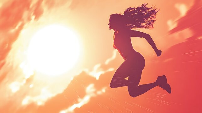 Silhouette of a woman jumping against a bright fiery sunset sky
