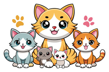 A group of adorable cartoon cats and kittens is gathered, showcasing various colors and expressions