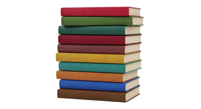 Isolated stack of assorted color books, various sizes, reading, learning, knowledge, education