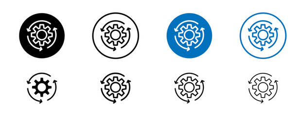 Workflow process icons set in black and blue colors on white background