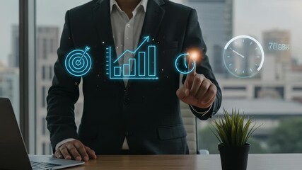 Data-Driven Strategy: Businessman plans business growth touching projected growth graphs and target performance analytics in a modern office, showcasing effective time management - Powered by Adobe
