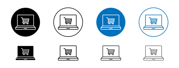 Online shopping icons set in black and blue colors on white background