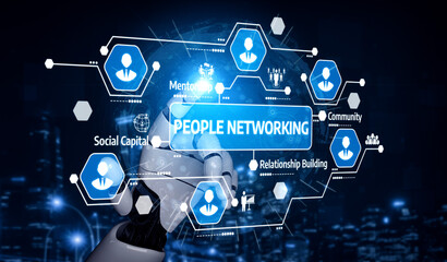A futuristic robot hand interacts with digital networking icons, symbolizing community, relationship building, mentorship, and social capital in a modern context. Tessel