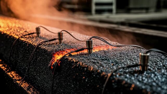 Closeup on temperature sensors embedded in ferrock beams during hotcasting phase to monitor thermal gradients and curing rates.