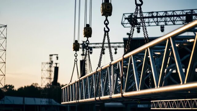 Sideview of multiple chain hoists synchronizing the elevation of a large triangular truss section in an outdoor venue.