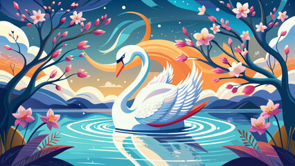 Obraz premium On the shimmering water, a graceful swan drifts calmly. Around it, colorful birds rest on branches, while ripples sparkle, weaving together blossoms, wings, and reflections in one tranquil vision.