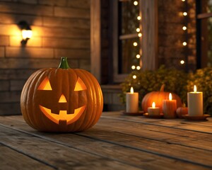 Obraz premium halloween zoom background and wallpaper. Carved Halloween pumpkin with candles on porch jack-o-lantern